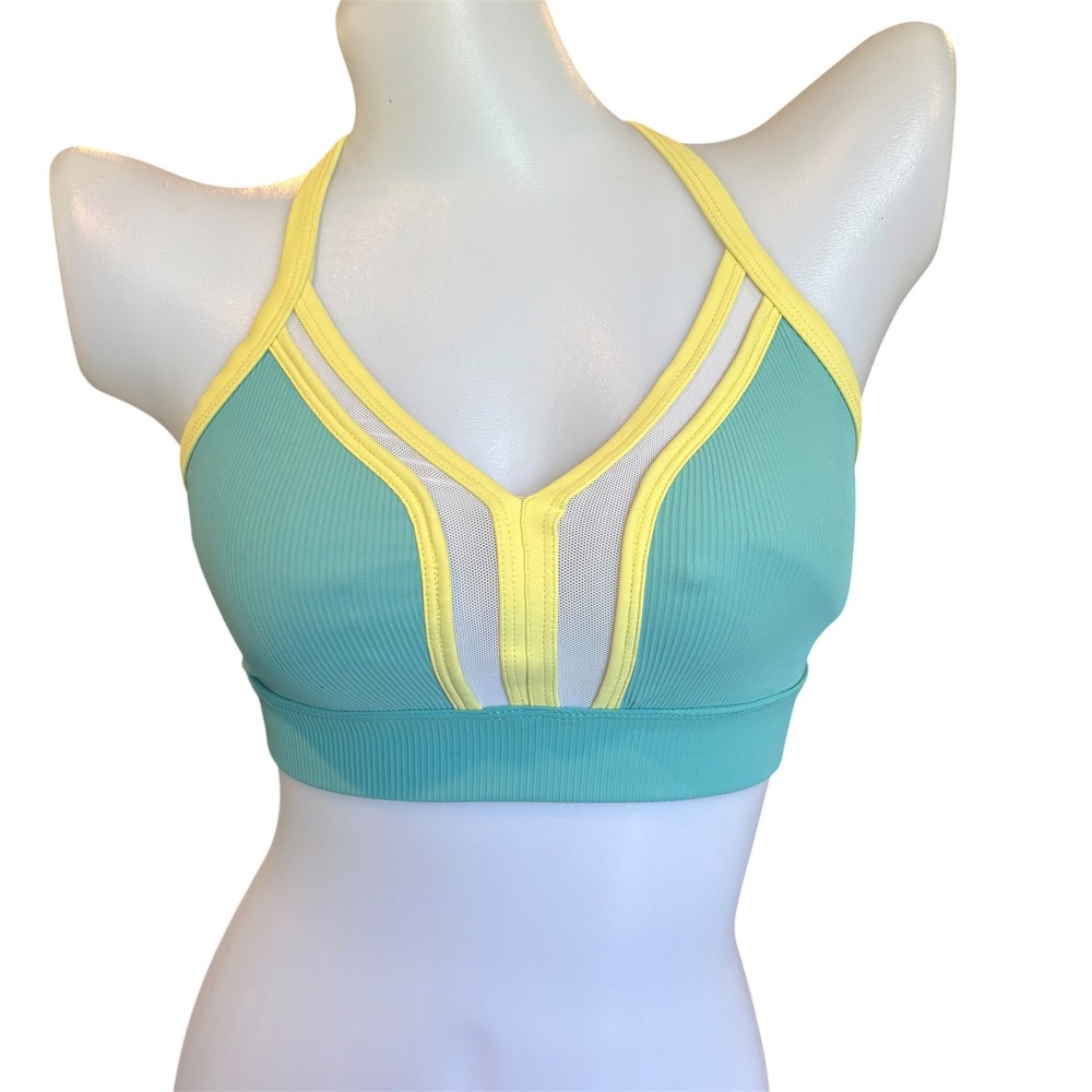 Oh La La Dancewear Teal Yellow Ribbed Mesh Criss Cross Back Sports Bra Top